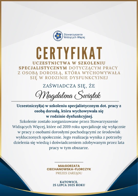 Certyfikat szkolenia dotyczącego pracy z dorosłymi z rodzin dysfunkcyjnych — Magdalena Świątek
