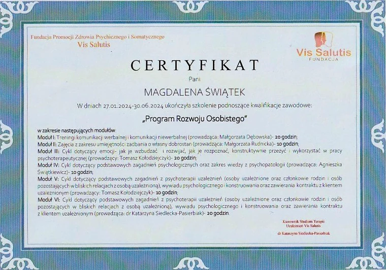 Certyfikat Programu Rozwoju Osobistego Vis Salutis — Magdalena Świątek